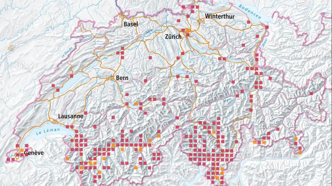 Verbreitungsgebiet der Alpenfledermaus Stand 2023 (rot = Nachweise seit 2000, orange = Nachweise vor 2000)