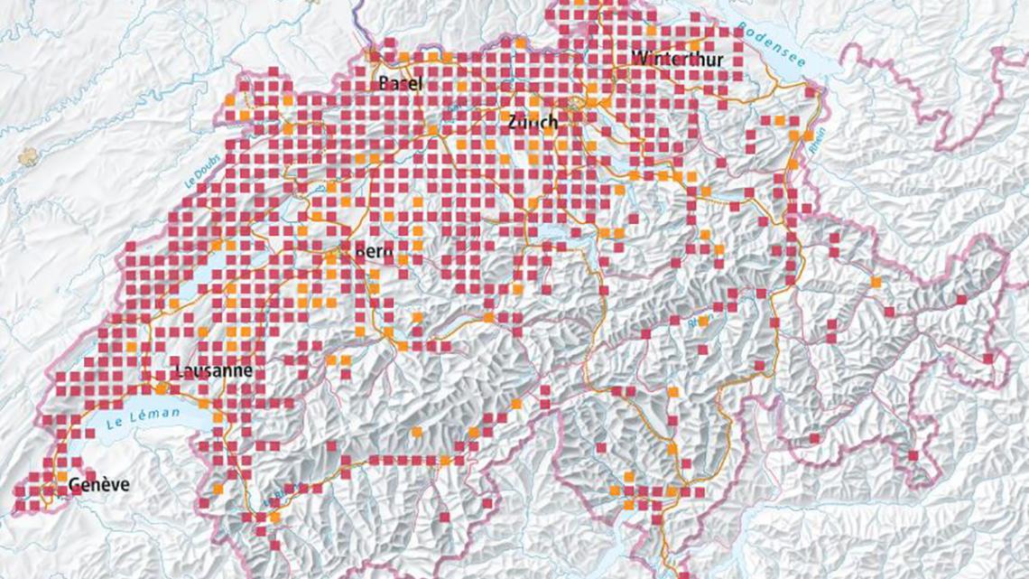 Verbreitungsgebiet des Grossen Mausohr Stand 2023 (rot = Nachweise seit 2000, orange = Nachweise vor 2000)